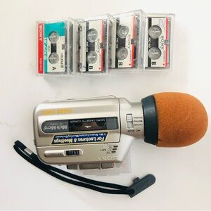 Sony Silver Microcassette Voice Recorder with Orange Foam Windscreen